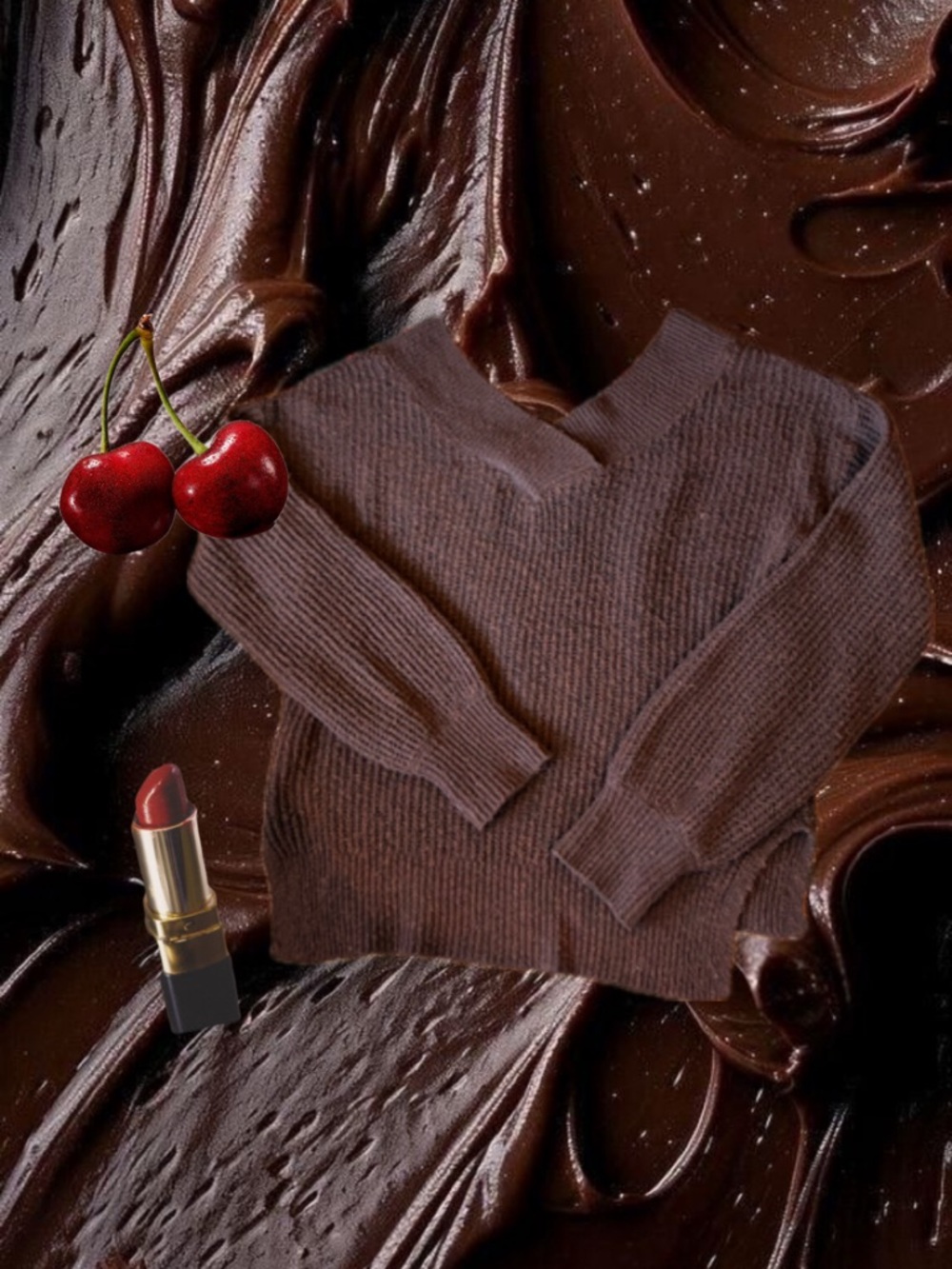 Pink Rose Chocolate Brown V-Neck Ribbed Women's Sweater
